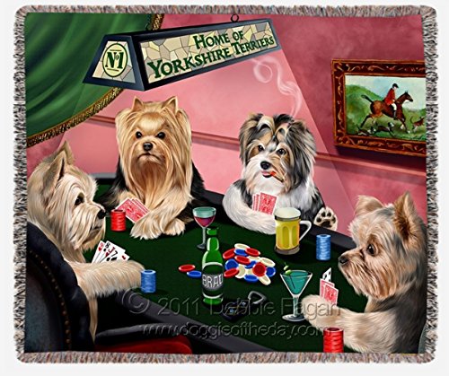 Yorkshire Terrier Woven Throw Blanket 4 Dogs Playing Poker 54 x 38