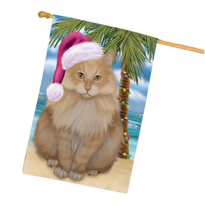 Summertime Christmas Happy Holidays Siberian Cat on Beach House Flag HFLG347