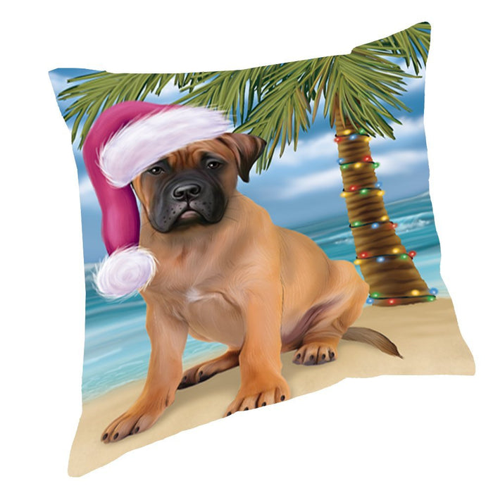Summertime Happy Holidays Christmas Bull Mastiff Dog on Tropical Island Beach Throw Pillow