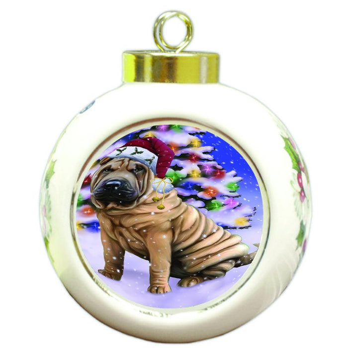 Winterland Wonderland Shar Pei Dog In Christmas Holiday Scenic Background Round Ball Ornament D585