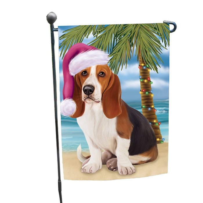 Summertime Happy Holidays Christmas Basset Hounds Dog on Tropical Island Beach Garden Flag