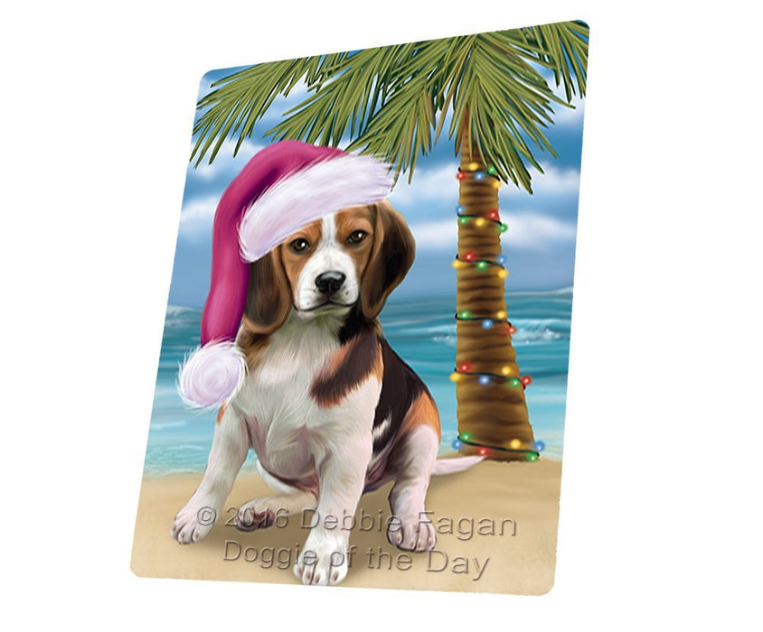 Summertime Happy Holidays Christmas Beagles Dog on Tropical Island Beach Tempered Cutting Board