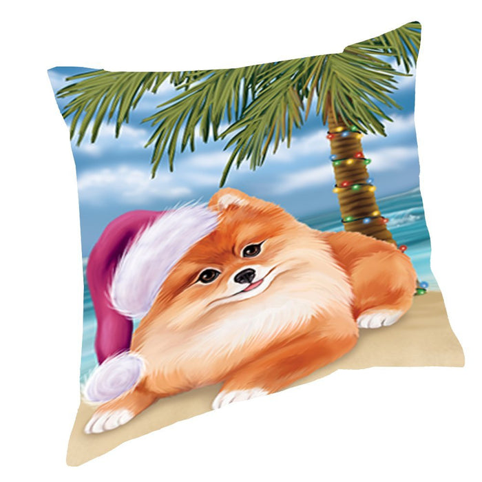 Summertime Christmas Happy Holidays Pomeranian Dog on Beach Throw Pillow PIL1552
