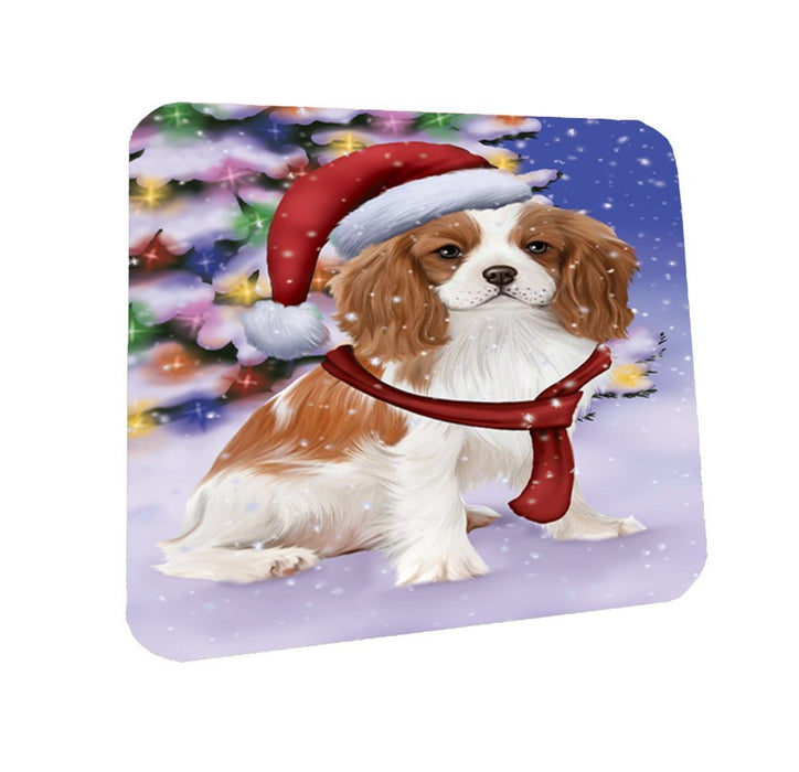 Winterland Wonderland Cavalier King Charles Spaniel Puppy Dog In Christmas Holiday Scenic Background Coasters Set of 4