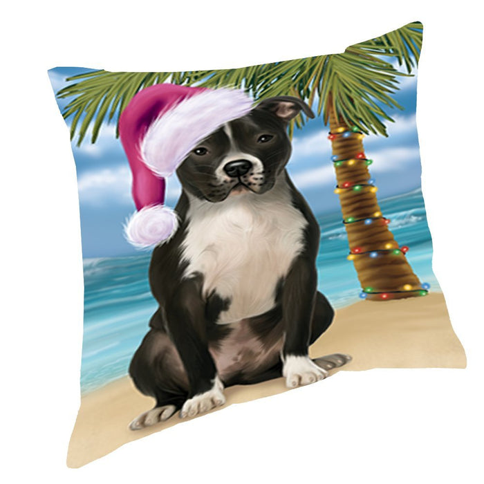 Summertime Christmas Happy Holidays Pit Bull Dog on Beach Throw Pillow PIL1536