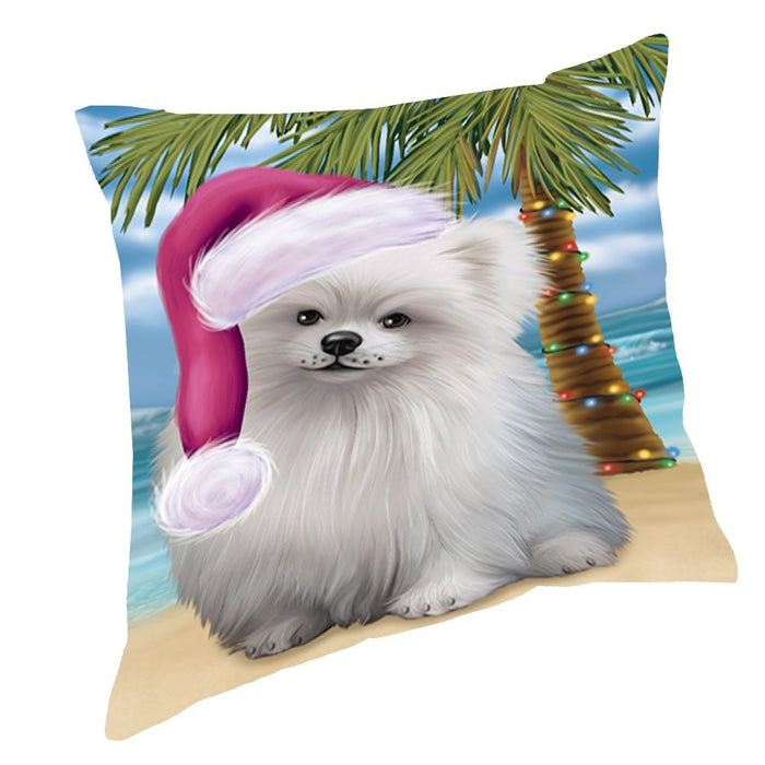 Summertime Happy Holidays Christmas Pomeranians Dog on Tropical Island Beach Throw Pillow