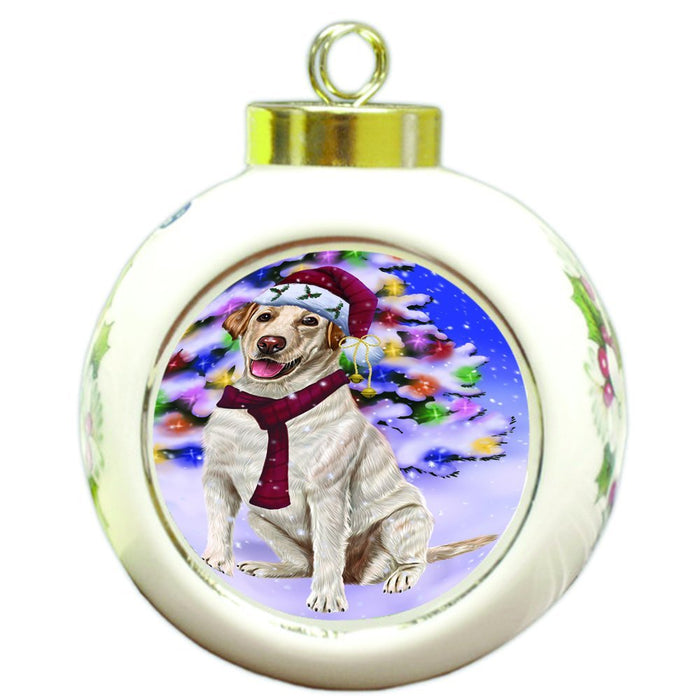 Winterland Wonderland Labrador Dog In Christmas Holiday Scenic Background Round Ball Ornament D575