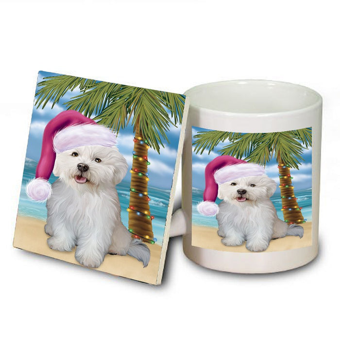 Summertime Happy Holidays Christmas Bichon Frise Dog on Tropical Island Beach Mug and Coaster Set