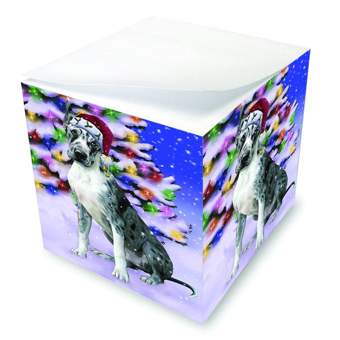 Winterland Wonderland Great Dane Dog In Christmas Holiday Scenic Background Note Cube D663