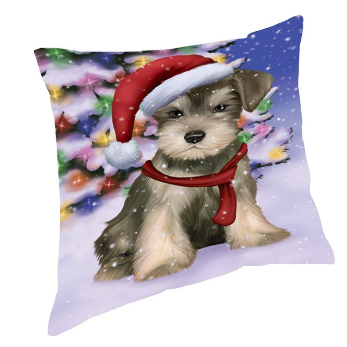 Winterland Wonderland Schnauzers Puppy Dog In Christmas Holiday Scenic Background Throw Pillow