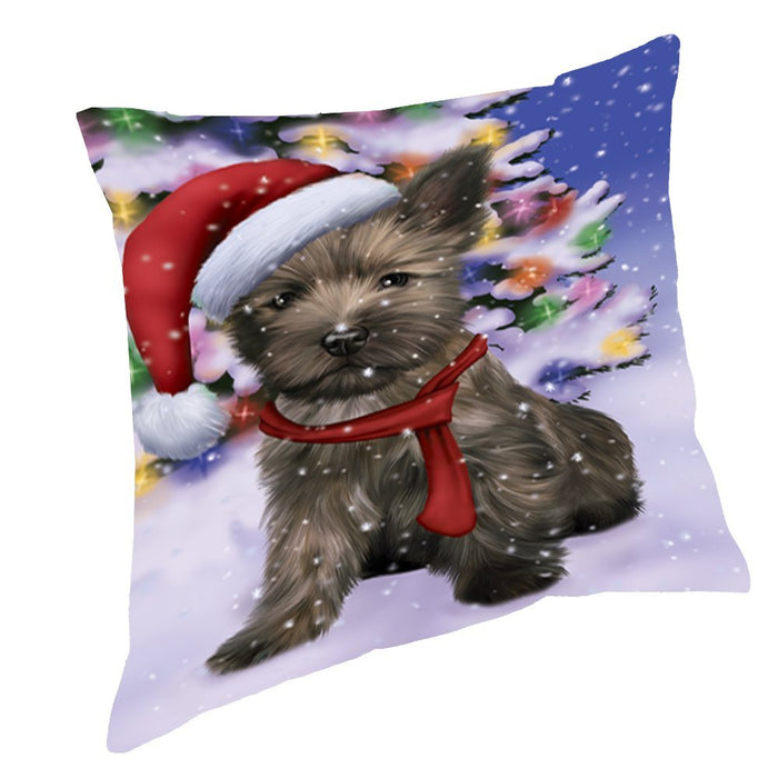 Winterland Wonderland Cairn Terrier Puppy Dog In Christmas Holiday Scenic Background Throw Pillow