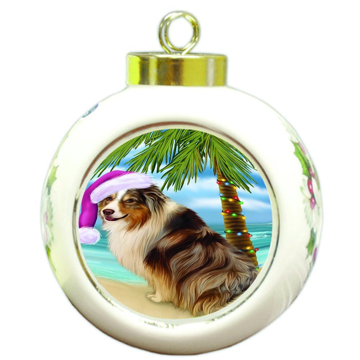 Summertime Happy Holidays Christmas Australian Shepherd Dog on Tropical Island Beach Round Ball Ornament D485