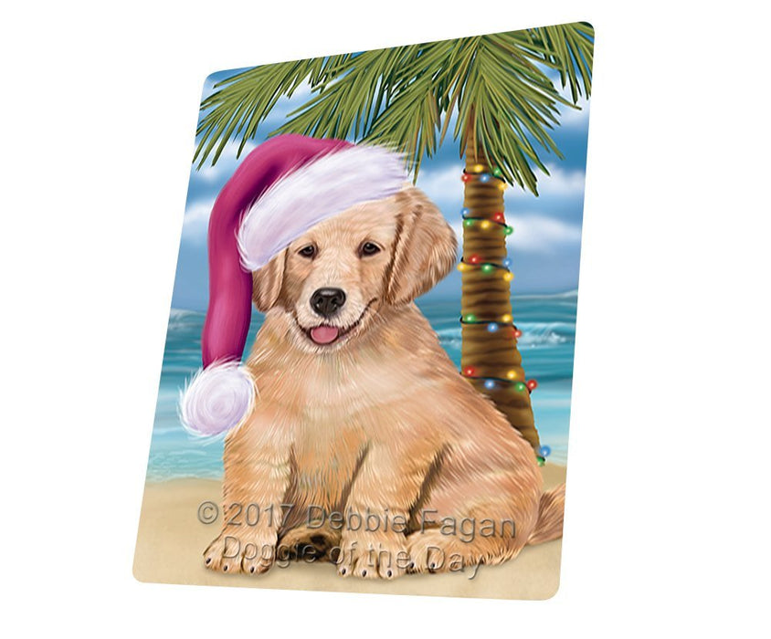 Summertime Happy Holidays Christmas Golden Retrievers Dog on Tropical Island Beach Tempered Cutting Board