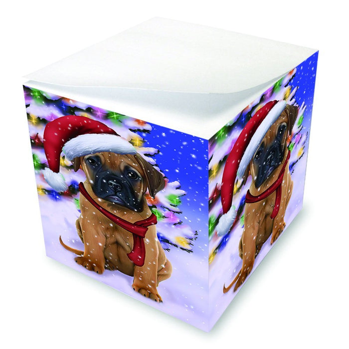 Winterland Wonderland Bullmastiff Dog In Christmas Holiday Scenic Background Note Cube