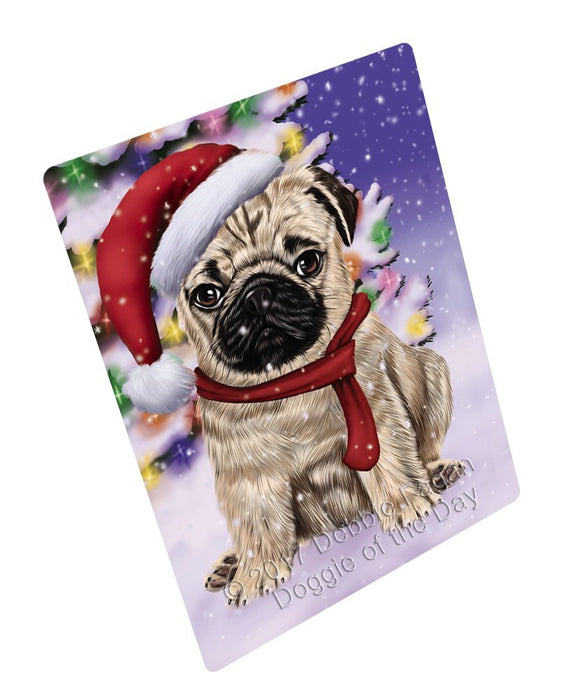 Winterland Wonderland Pug Puppy Dog In Christmas Holiday Scenic Background Tempered Cutting Board
