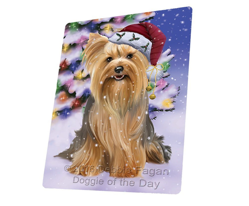 Winterland Wonderland Yorkshire Terriers Dog In Christmas Holiday Scenic Background Tempered Cutting Board