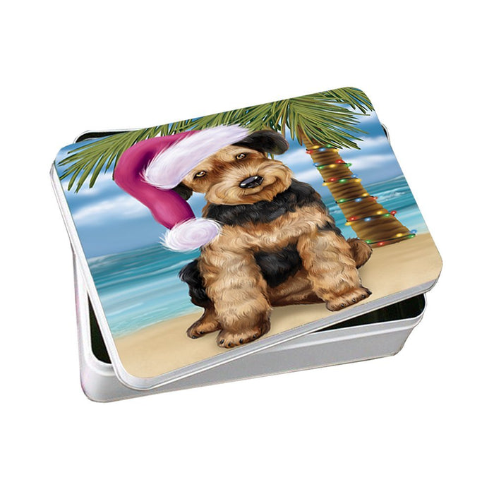 Summertime Happy Holidays Christmas Airedale Dog on Tropical Island Beach Photo Storage Tin