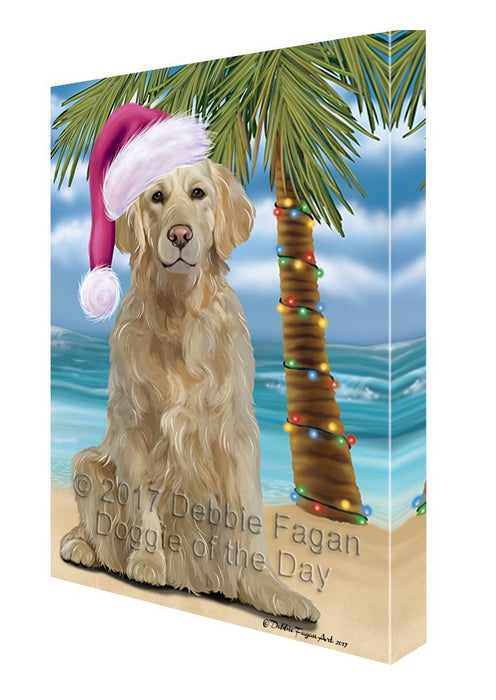 Summertime Happy Holidays Christmas Golden Retriever Dog on Tropical Island Beach Canvas Wall Art D112