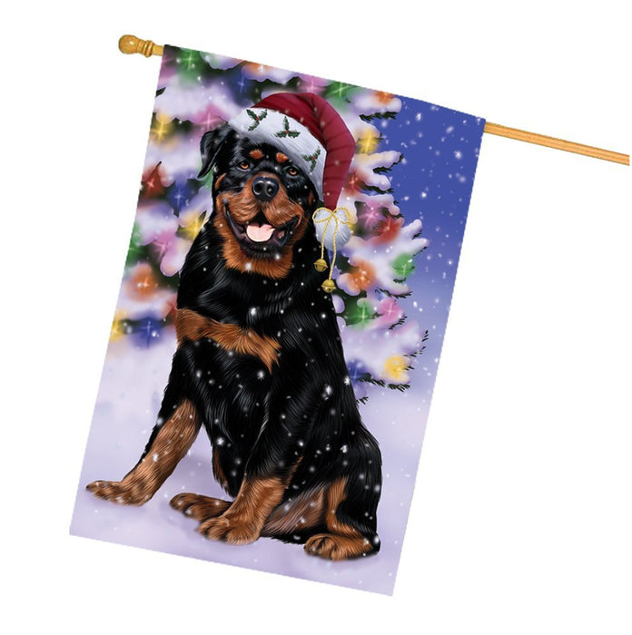 Winterland Wonderland Rottweiler Dog In Christmas Holiday Scenic Background House Flag