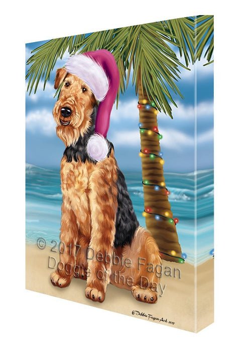 Summertime Happy Holidays Christmas Airedale Dog on Tropical Island Beach Canvas Wall Art