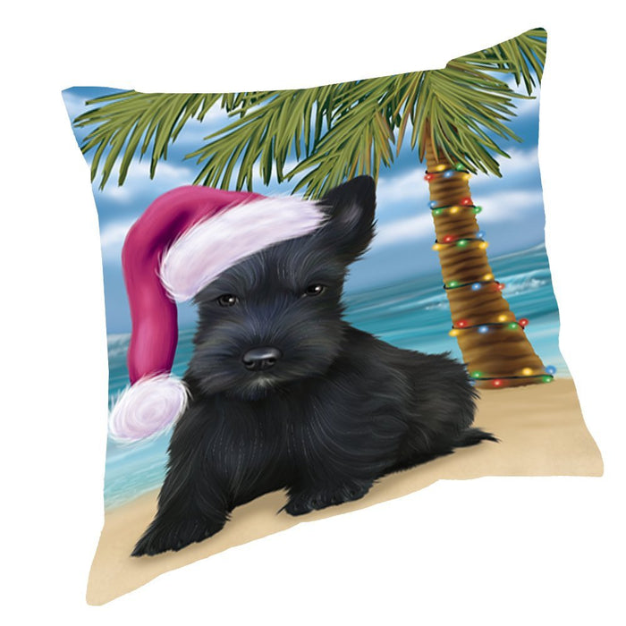 Summertime Christmas Happy Holidays Scottish Terrier Dog on Beach Throw Pillow PIL1600