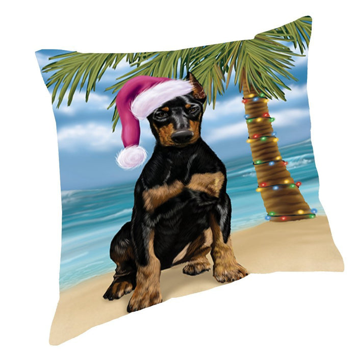 Summertime Happy Holidays Christmas Doberman Dog on Tropical Island Beach Throw Pillow