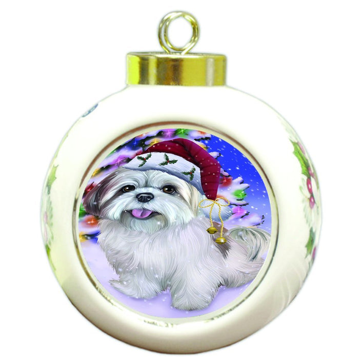 Winterland Wonderland Lhasa Apso Dog In Christmas Holiday Scenic Background Round Ball Ornament D529