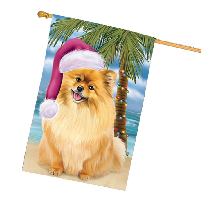 Summertime Happy Holidays Christmas Pomeranians Dog on Tropical Island Beach House Flag