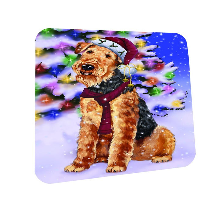 Winterland Wonderland Airedales Dog In Christmas Holiday Scenic Background Coasters Set of 4