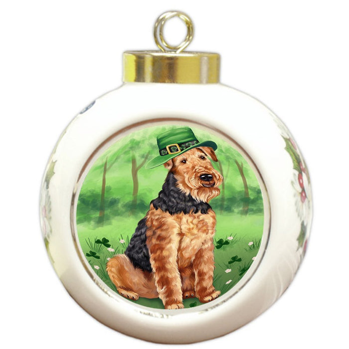 St. Patricks Day Irish Portrait Airedale Terrier Dog Round Ball Christmas Ornament RBPOR48446