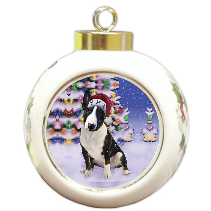 Winterland Wonderland Bull Terrier Dog In Christmas Holiday Scenic Background Round Ball Ornament