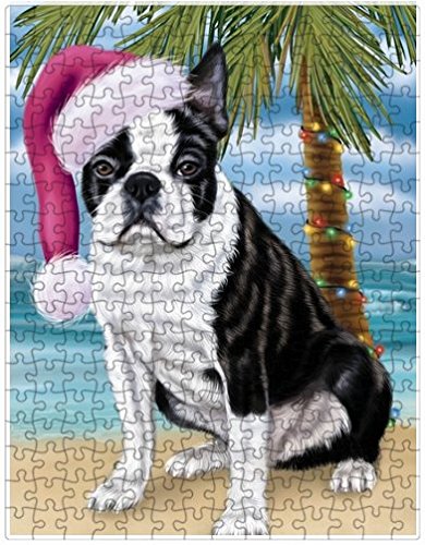 Summertime Happy Holidays Christmas Boston Terriers Dog on Tropical Island Beach Puzzle with Photo Tin