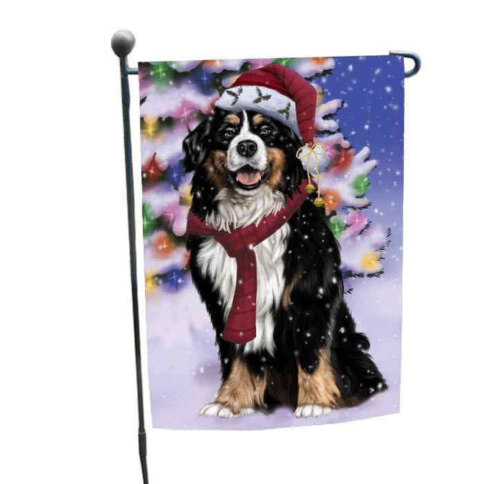 Winterland Wonderland Bernese Mountain Dog In Christmas Holiday Scenic Background Garden Flag