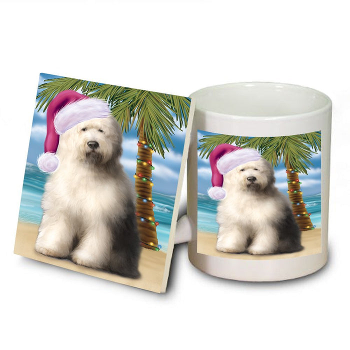 Summertime Old English Sheepdog on Beach Christmas Mug and Coaster Set MUC0646