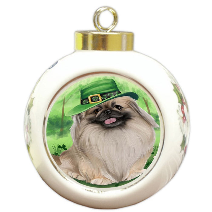 St. Patricks Day Irish Portrait Pekingese Dog Round Ball Christmas Ornament RBPOR48842