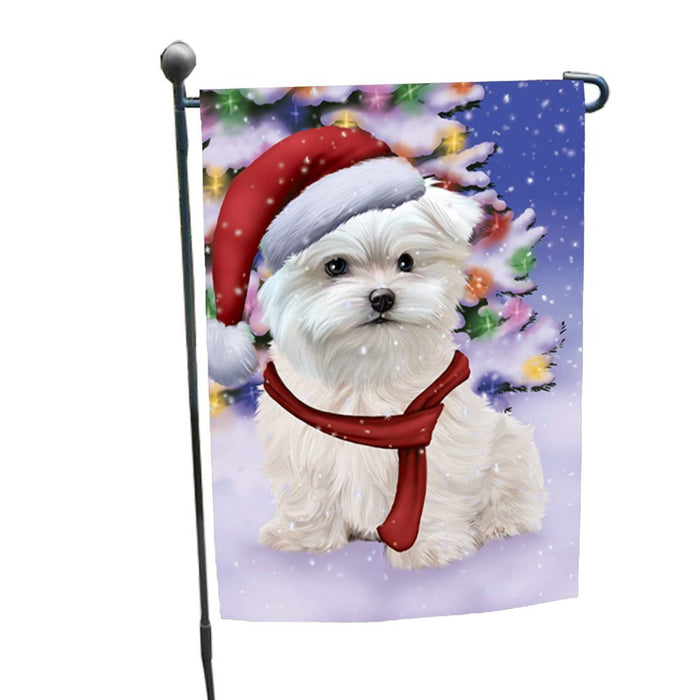 Winterland Wonderland Maltese Puppy Dog In Christmas Holiday Scenic Background Garden Flag