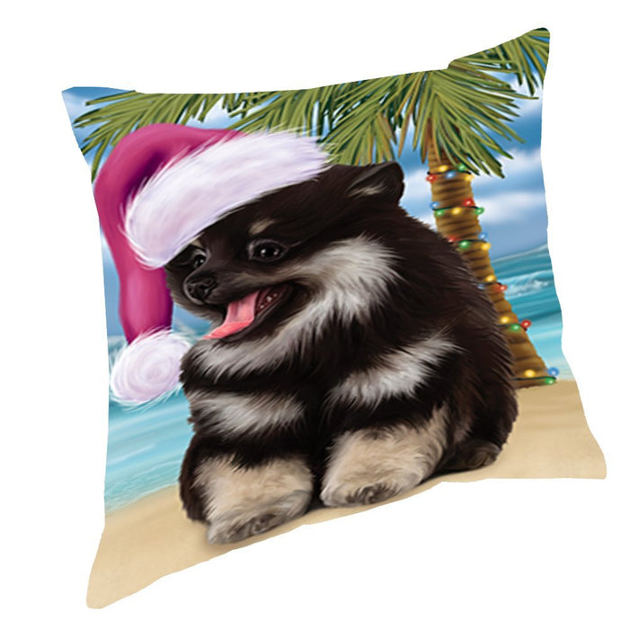 Summertime Christmas Happy Holidays Pomeranian Spitz Dog on Beach Throw Pillow PIL1556