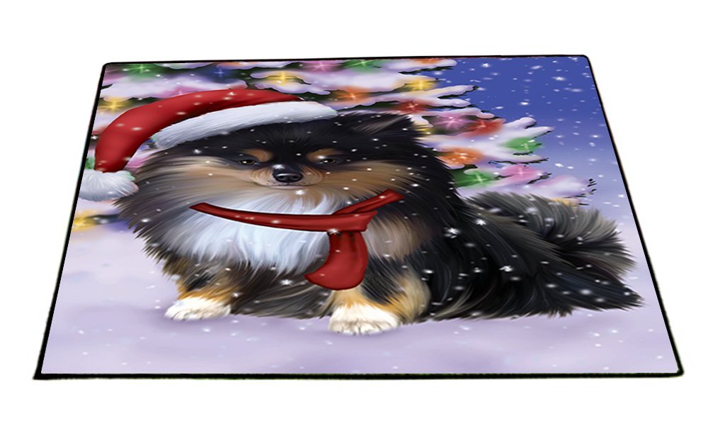 Winterland Wonderland Pomeranians Puppy Dog In Christmas Holiday Scenic Background Indoor/Outdoor Floormat