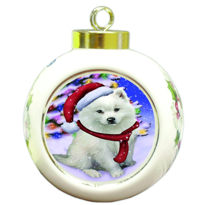 Winterland Wonderland American Eskimo Dog In Christmas Holiday Scenic Background Round Ball Ornament D518