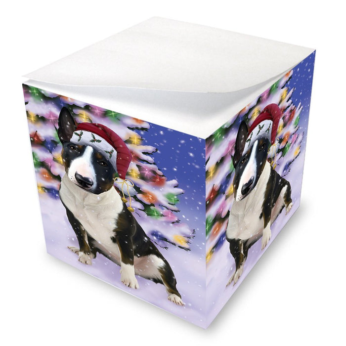 Winterland Wonderland Bull Terrier Dog In Christmas Holiday Scenic Background Note Cube D585