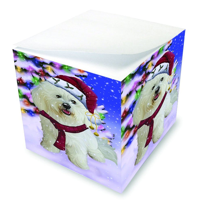 Winterland Wonderland Bichon Dog In Christmas Holiday Scenic Background Note Cube D643