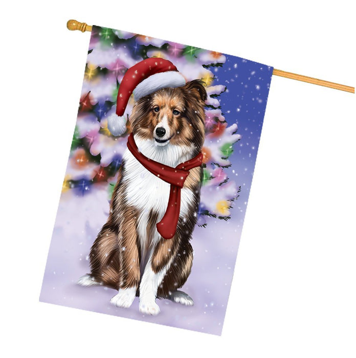 Winterland Wonderland Shetland Dog In Christmas Holiday Scenic Background House Flag