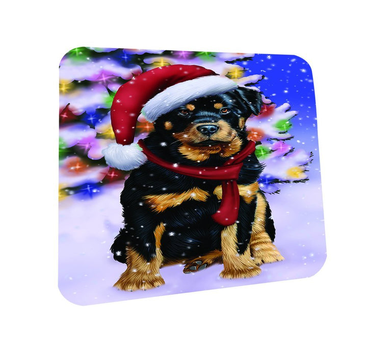 Winterland Wonderland Rottweiler Dog In Christmas Holiday Scenic Background Coasters Set of 4