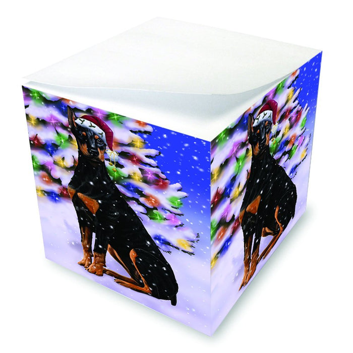 Winterland Wonderland Doberman Dog In Christmas Holiday Scenic Background Note Cube D655