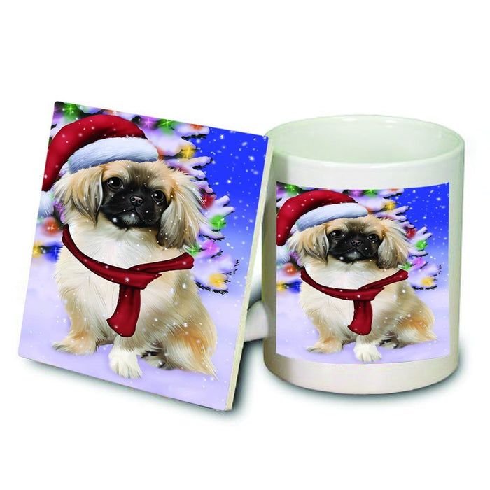 Winterland Wonderland Pekingese Dog In Christmas Holiday Scenic Background Mug and Coaster Set