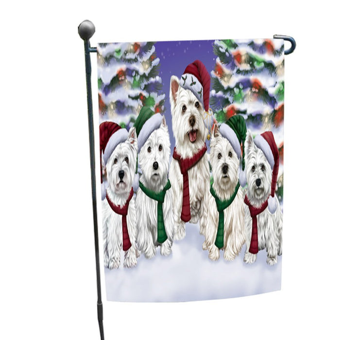 West Highland Terriers Dog Christmas Family Portrait in Holiday Scenic Background Garden Flag