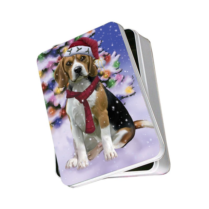Winterland Wonderland Beagles Dog In Christmas Holiday Scenic Background Photo Storage Tin