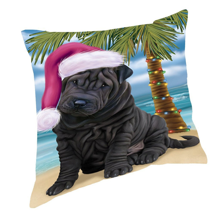 Summertime Happy Holidays Christmas Shar Pei Dog on Tropical Island Beach Throw Pillow