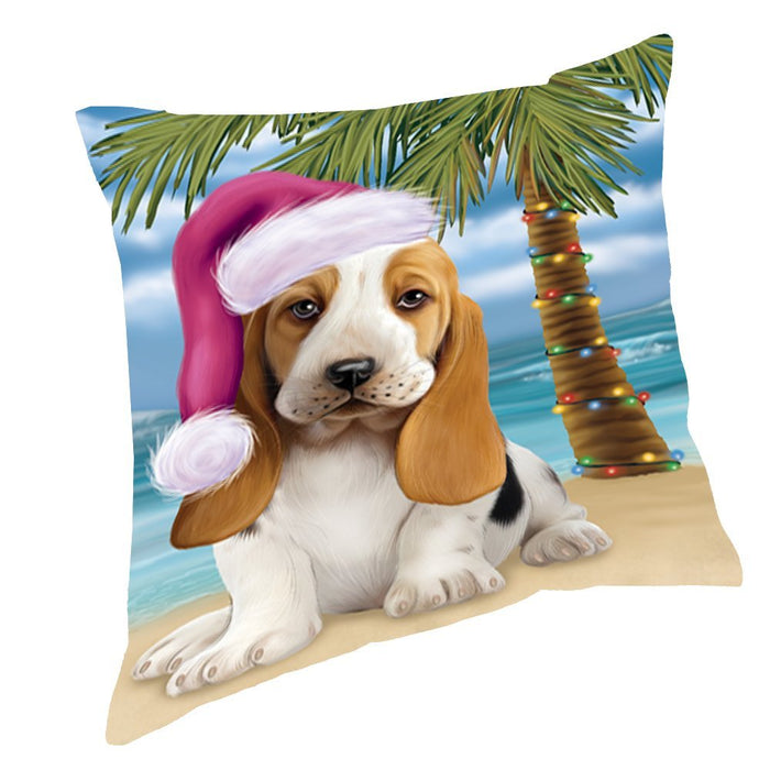 Summertime Happy Holidays Christmas Basset Hounds Dog on Tropical Island Beach Throw Pillow