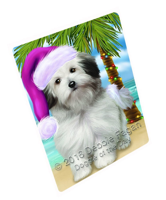 Summertime Happy Holidays Christmas Bolognese Dogs on Tropical Island Beach Tempered Cutting Board